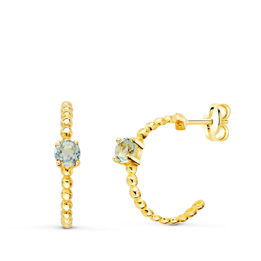 Pendientes Medio Aro Bolitas con Aguamarina 13 x 3 mm de oro amarillo 18K