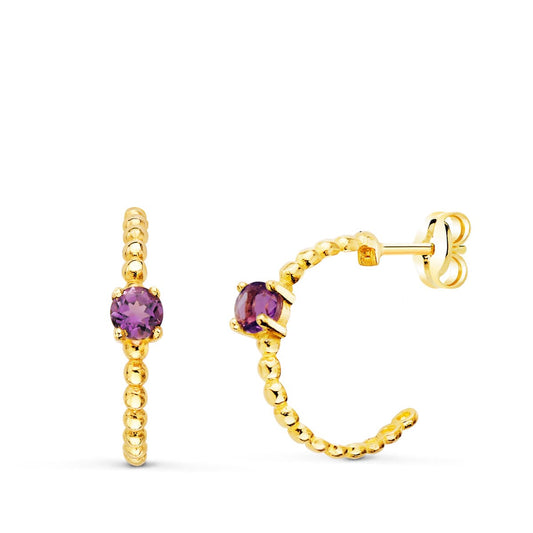 Pendientes Medio Aro Bolitas con Amatista 13 x 3 mm de oro amarillo 18K