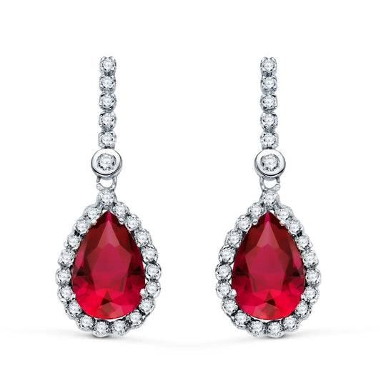 18K PENDIENTES ORO BLANCO DOS CUERPOS CON PIEDRA ROJA 12 X 8MM. 33X12MM CIERRE PRESION