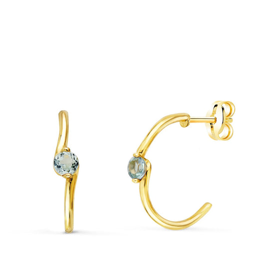 Pendientes Medio Aro Liso con Aguamarina 15 x 3 mm de oro amarillo 18K