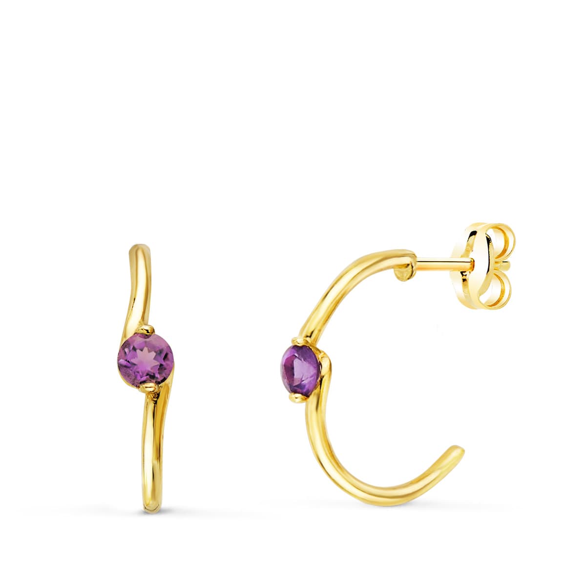 18K PENDIENTES ORO AMARILLO MEDIO ARO LISO CON AMATISTA 15X3 MM CIERRE PRESION.