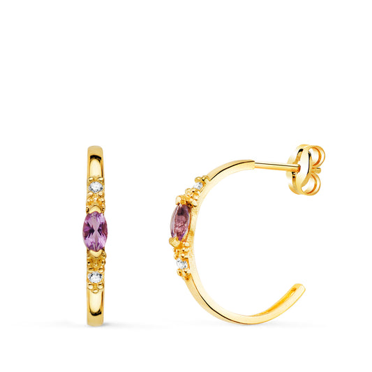 Pendientes Medio Aro Amatista Talla Marquise. 15 x 2 mm. de oro amarillo 18K