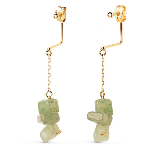 Pendientes Bola 2 mm y Cadena con 3 Piedras Verdes. Alto: 41 mm. de oro amarillo 18K