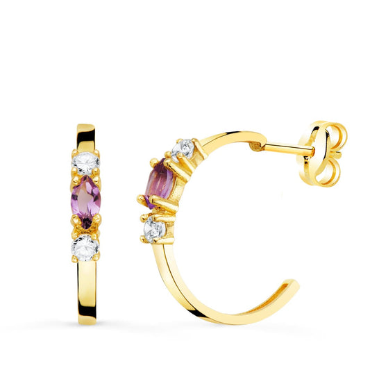Pendientes Medio Aro Amatista Talla Marquise. 15 x 2 mm presión de oro amarillo 18K