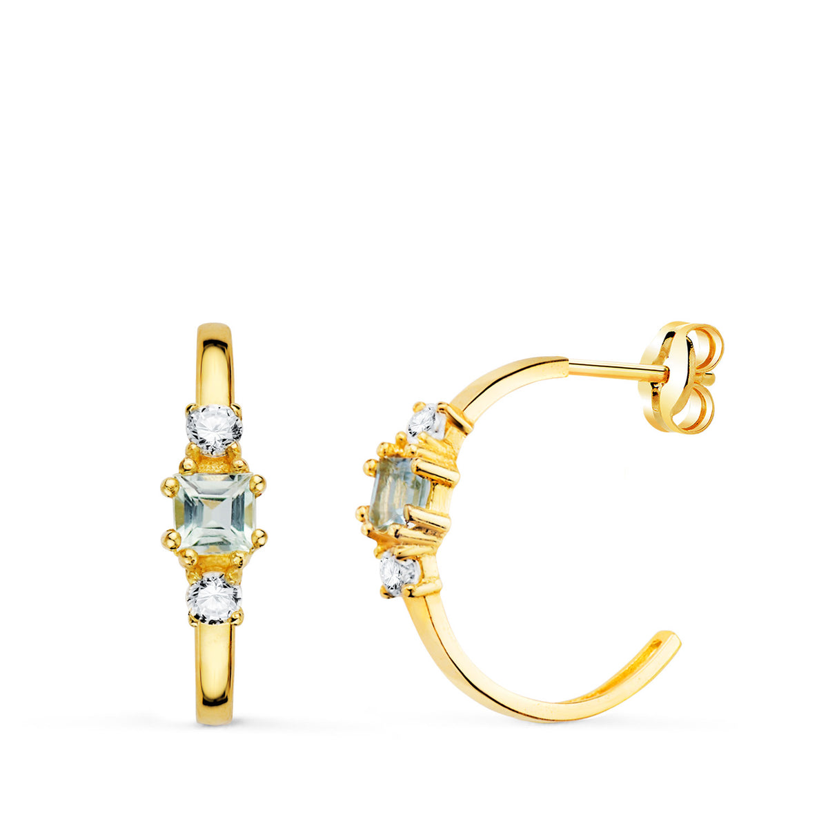 Pendientes Medio Aro Aguamarina Cuadrada y Circonitas. 14 x 3,5 mm de oro amarillo 18K