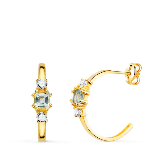 Pendientes Medio Aro Aguamarina Cuadrada y Circonitas. 14 x 3,5 mm de oro amarillo 18K