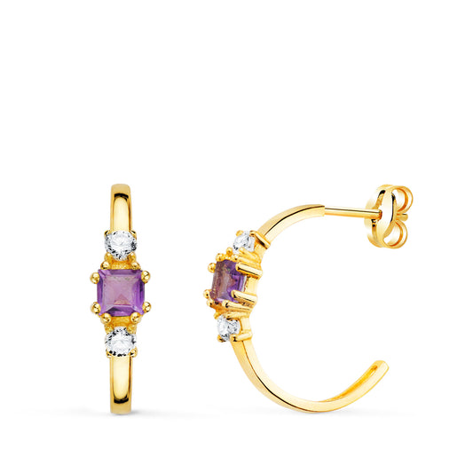 Pendientes Medio Aro Amatista Cuadrada y Circonitas. 14 x 3,5 mm de oro amarillo 18K