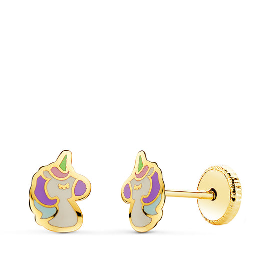 Pendientes Unicornios Esmalte Cierre Tuerca 7,5 x 5 mm de oro amarillo 18K