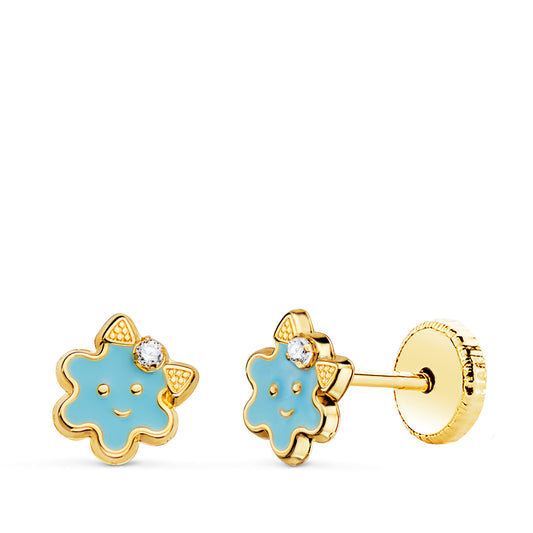 Pendientes Flor Esmalte Azul Cierre Tuerca 6,5 x 6,5 mm de oro amarillo 18K