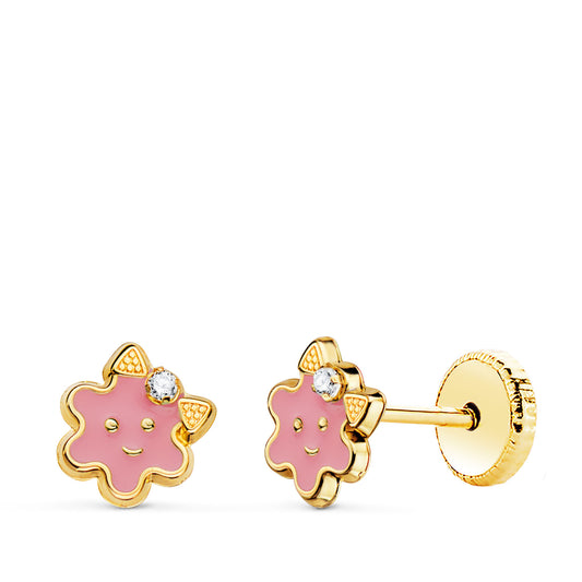 Pendientes Flor Esmalte Rosa Cierre Tuerca 6,5 x 6,5 mm de oro amarillo 18K