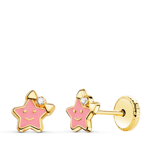 18K PENDIENTES ORO AMARILLO ESTRELLA ESMALTE ROSA 6,5 X 6,5 MM CIERRE TUERCA