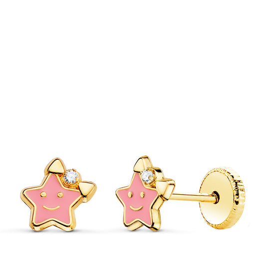 Pendientes Estrella Esmalte Rosa 6,5 x 6,5 mm Cierre Tuerca de oro amarillo 18K