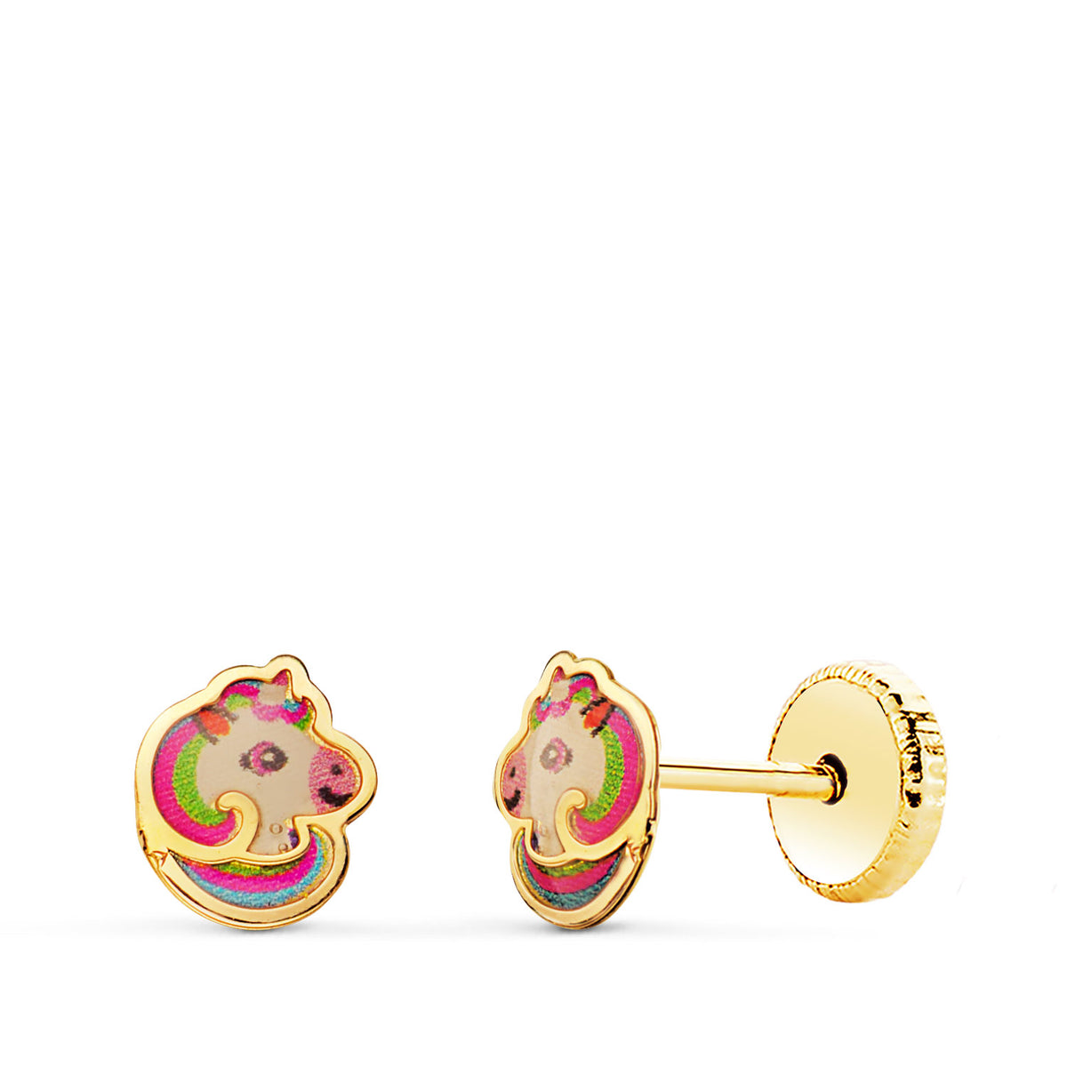 Pendientes Unicornios Esmalte Cierre Tuerca 6 x 5 mm de oro amarillo 18K