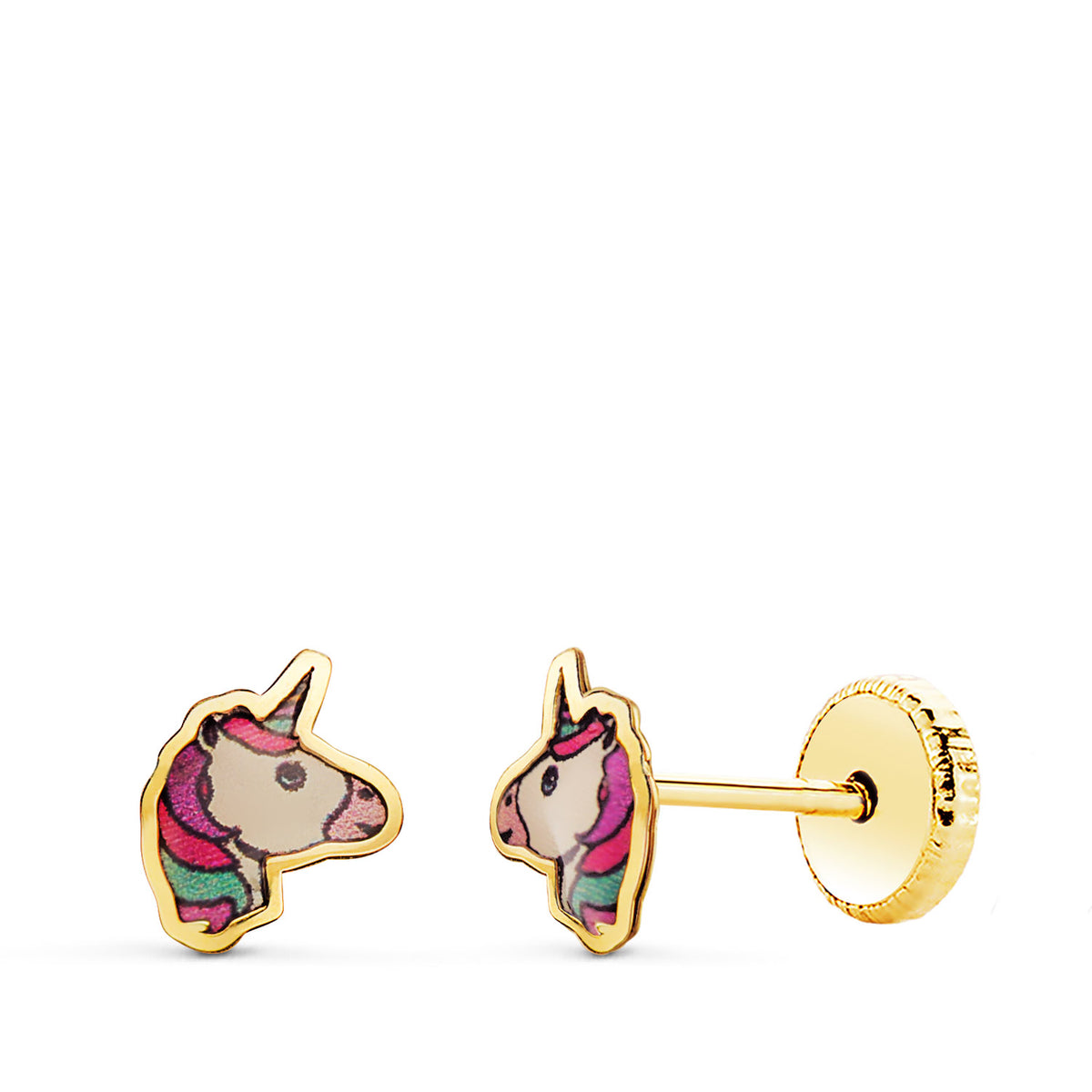 Pendientes Unicornios Esmalte Cierre Tuerca 6 x 5,5 mm de oro amarillo 18K