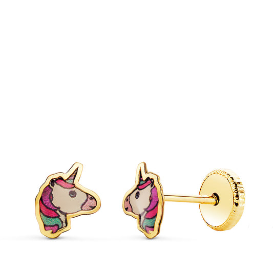 Pendientes Unicornios Esmalte Cierre Tuerca 6 x 5,5 mm de oro amarillo 18K