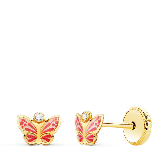 18K PENDIENTES ORO AMARILLO MARIPOSAS ESMALTE CIRCONITA TUERCA 6 X 4 MM