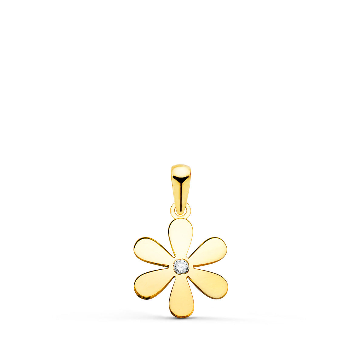 Colgante Amuleto Flor 6 Petalos en Brillo con Circonita 14 x 11 mm de oro amarillo 18K