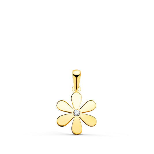 Colgante Amuleto Flor 6 Petalos en Brillo con Circonita 14 x 11 mm de oro amarillo 18K