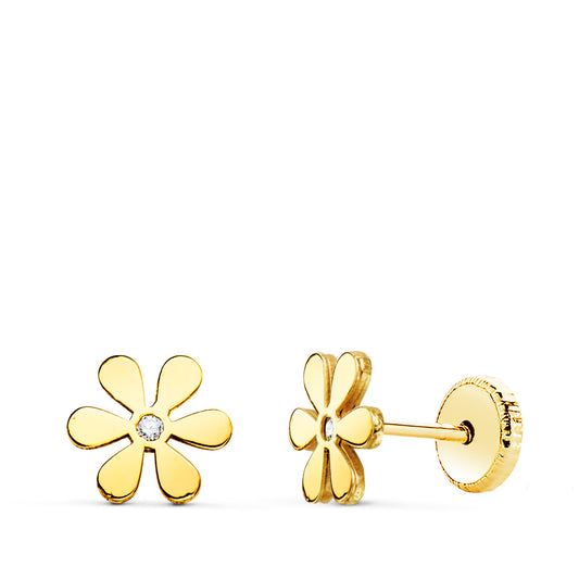 Pendientes Flor 6 Petalos y Circonita 6 x 6 mm. Cierre Tuerca de oro amarillo 18K
