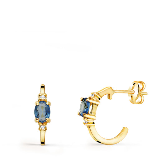 Pendientes Medio Aro Liso con Aguamarina 12 x 3 mm de oro amarillo 18K