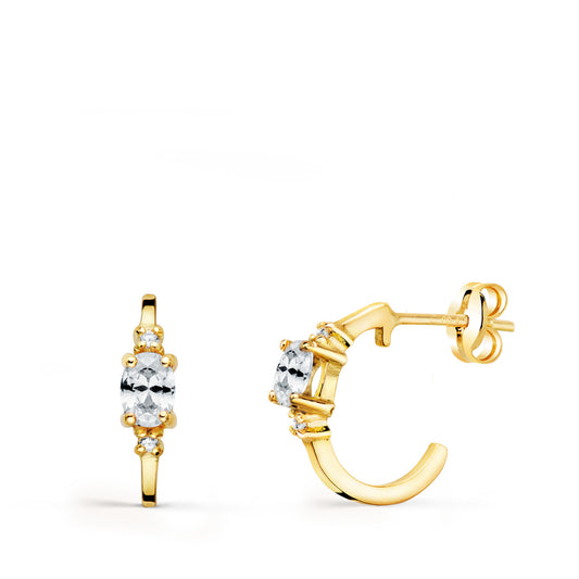 Pendientes Medio Aro Liso con Circonita 12 x 3 mm de oro amarillo 18K