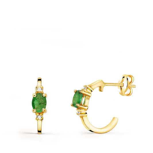 18K PENDIENTES ORO AMARILLO MEDIO ARO LISO CON ESMERALDAS 12X3 MM CIERRE PRESION.