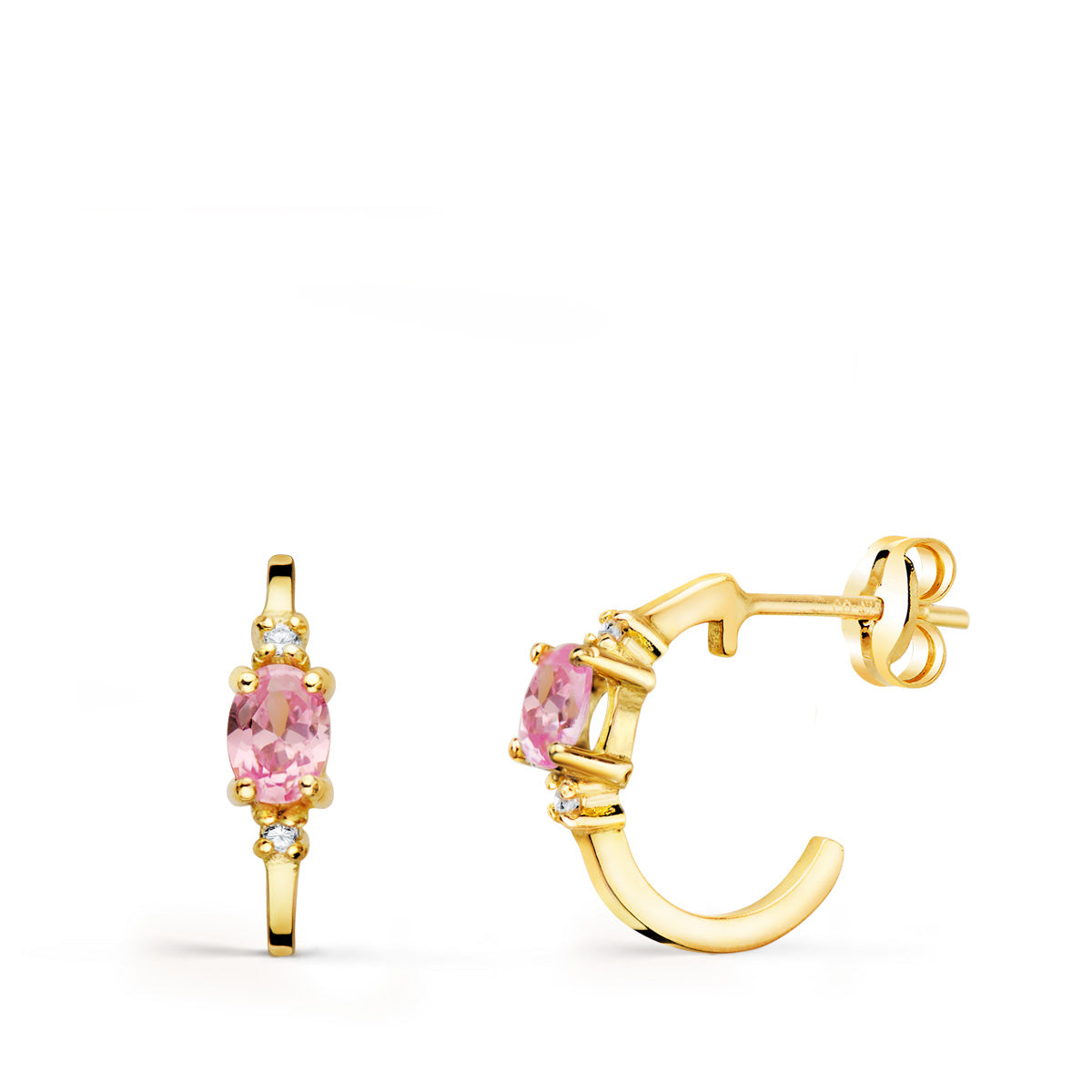 Pendientes Medio Aro Liso con Circonita Rosa 12 x 3 mm de oro amarillo 18K