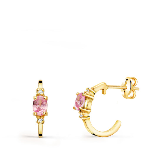 Pendientes Medio Aro Liso con Circonita Rosa 12 x 3 mm de oro amarillo 18K