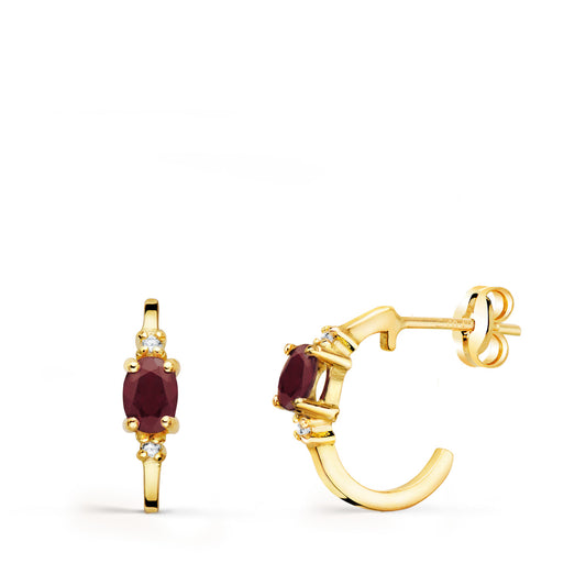Pendientes Medio Aro Liso con Rubí 12 x 3 mm de oro amarillo 18K