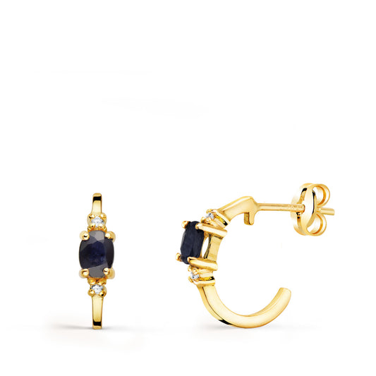 Pendientes Medio Aro Liso con Zafiros 12 x 3 mm de oro amarillo 18K
