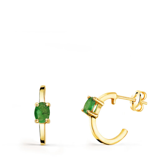 Pendientes Medio Aro Liso con Esmeraldas 12 x 3 mm de oro amarillo 18K