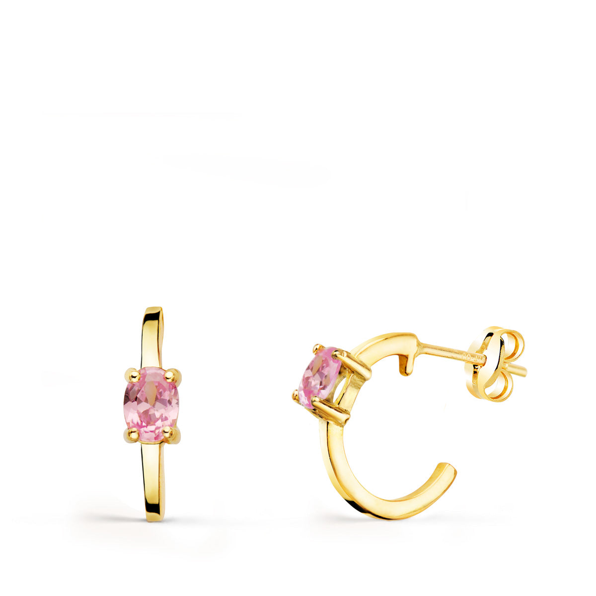 Pendientes Medio Aro Liso con Circonita Rosa 12 x 3 mm de oro amarillo 18K