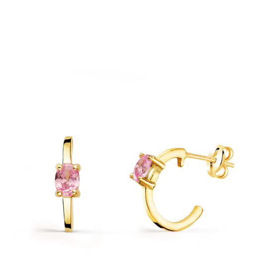 Pendientes Medio Aro Liso con Circonita Rosa 12 x 3 mm de oro amarillo 18K
