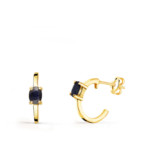 Pendientes Medio Aro Liso con Zafiros 12 x 3 mm de oro amarillo 18K