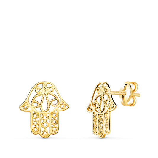 Pendientes Mano de Fatima Calada presión 12 x 11 mm de oro amarillo 18K