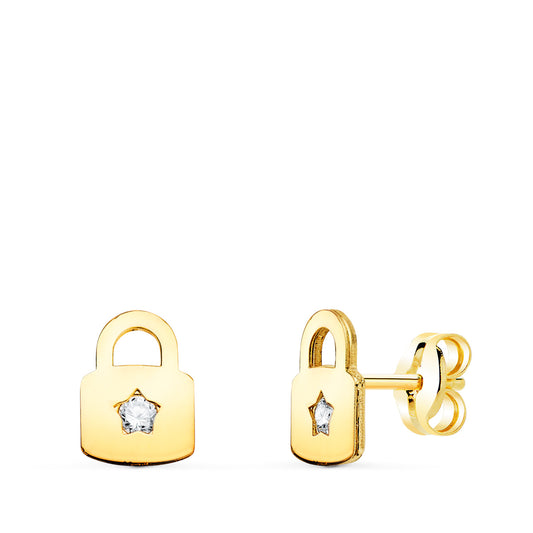 Pendientes Candado con Circonita de oro amarillo 18K