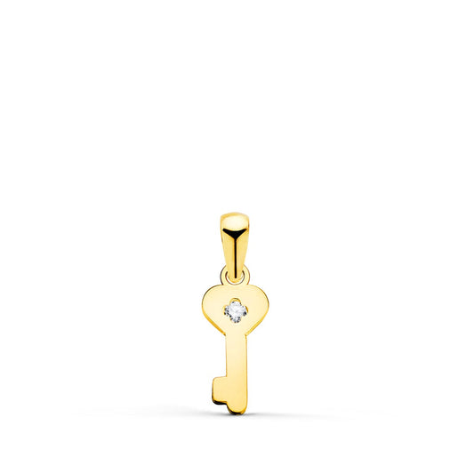 Colgante Llave Lisa en Brillo con Circonita 14 x 6 mm de oro amarillo 18K