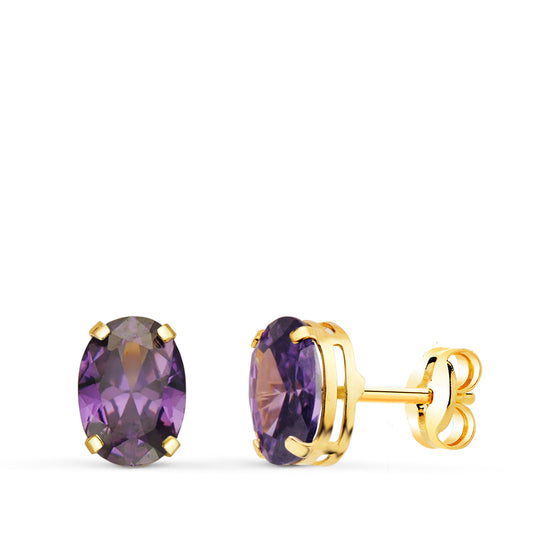 Pendientes Oval Piedra Amatista 7 x 5 mm. de oro amarillo 18K
