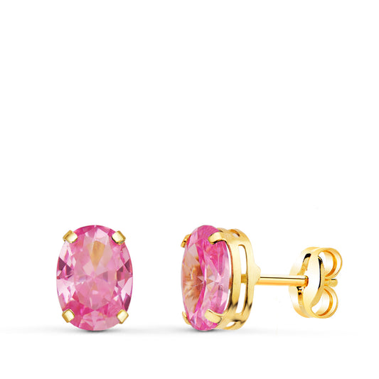 Pendientes Oval Piedra Rosa 7 x 5 mm. de oro amarillo 18K