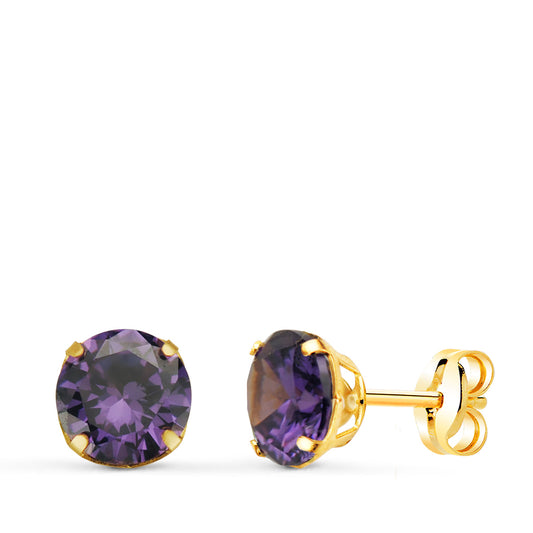 Pendientes Redondos Piedra Color Amatista 6 mm. de oro amarillo 18K