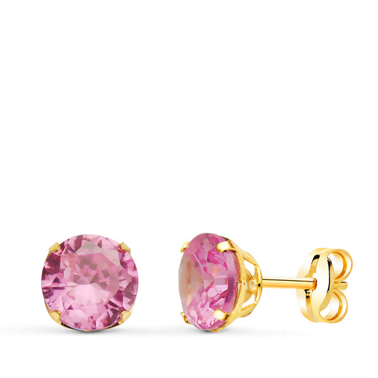 Pendientes Redondos Piedra Rosa 6 mm. de oro amarillo 18K