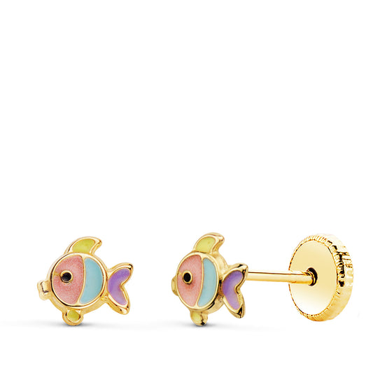 Pendientes Peces Esmalte Colores 5,5 x 5 mm Cierre Tuerca de oro amarillo 18K