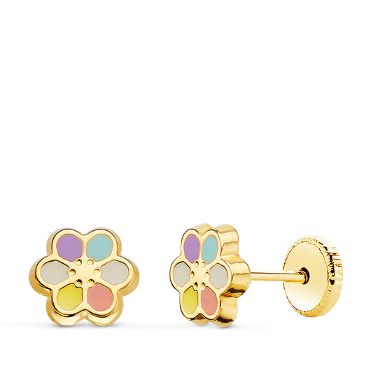 18K PENDIENTES ORO AMARILLO FLOR ESMALTE 7 X 7 MM CIERRE TUERCA
