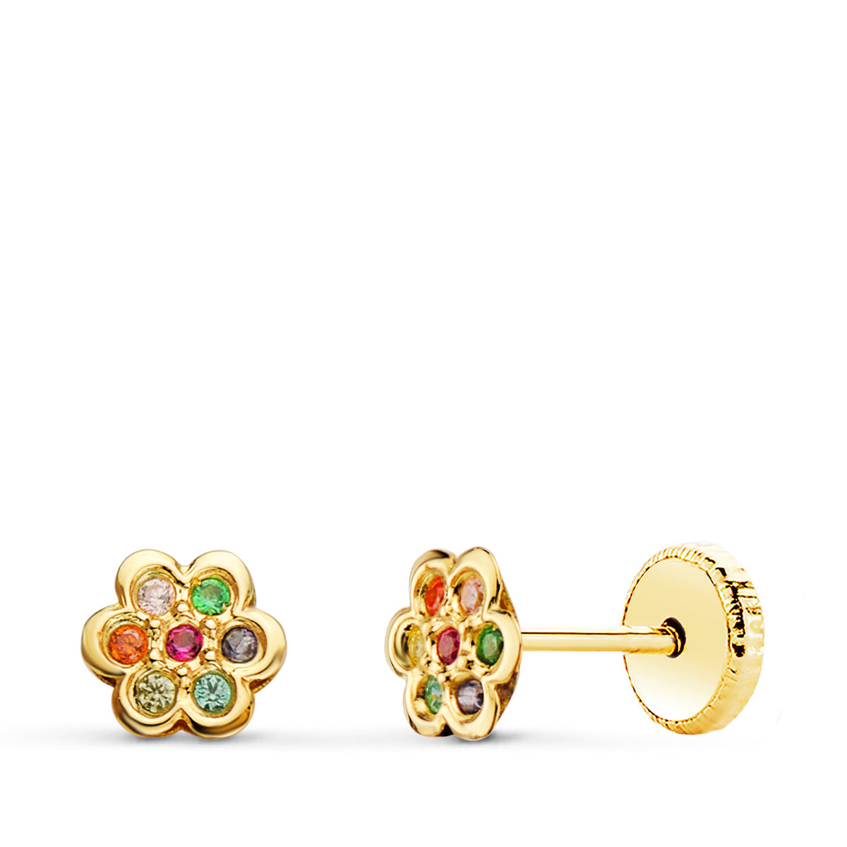 Pendientes Flor con Circonita Colores 5 x 5 mm Cierre Tuerca de oro amarillo 18K