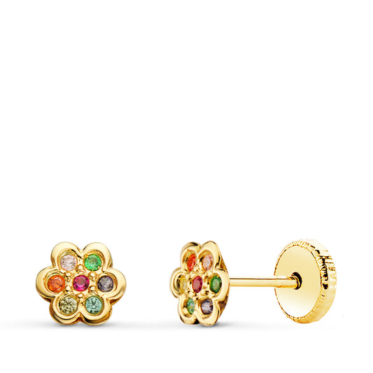 Pendientes Flor con Circonita Colores 5 x 5 mm Cierre Tuerca de oro amarillo 18K