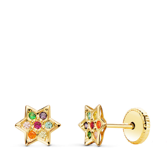 Pendientes Estrella con Circonita Colores 6 x 6 mm Cierre Tuerca de oro amarillo 18K