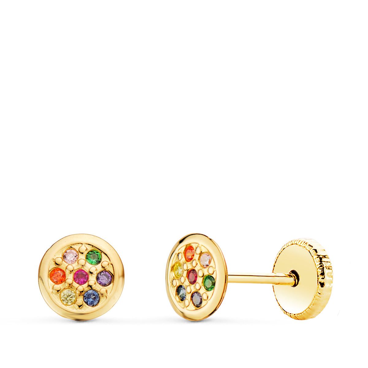 Pendientes Redondos con Circonita Colores 5,5 mm Cierre Tuerca de oro amarillo 18K