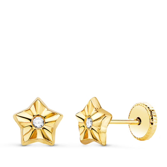 18K PENDIENTES ORO AMARILLO ESTRELLA CON CIRCONITA 6,5 X 6,5 MM CIERRE TUERCA