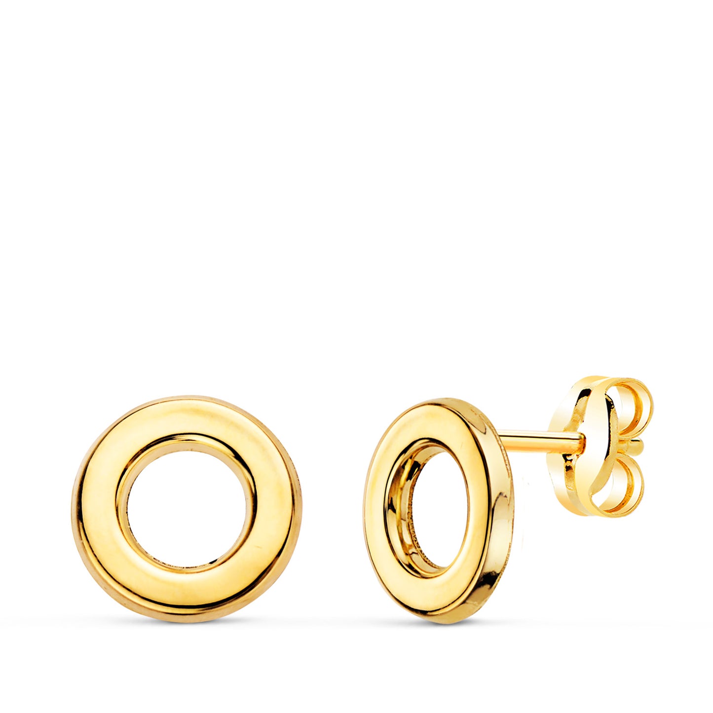18K PENDIENTES ORO AMARILLO CIRCULO EN BRILLO 9 MM. CIERRE PRESION