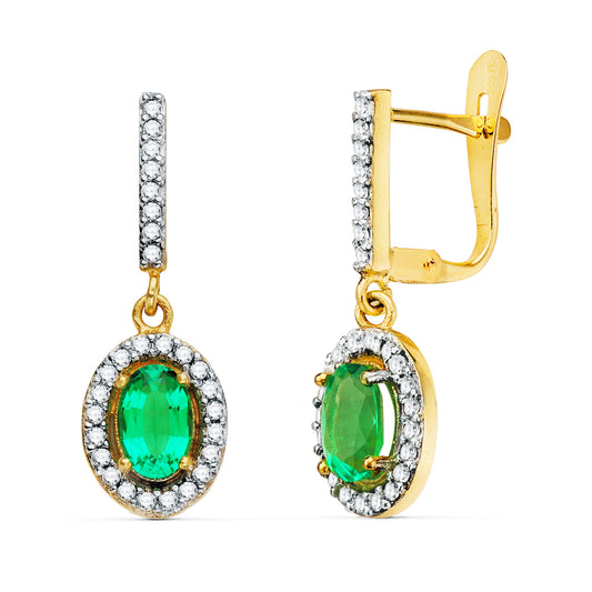 Pendientes Bicolor Dos Cuerpos Esmeralda 6 x 4 mm y Circonitas. 22 x 8 mm 18K